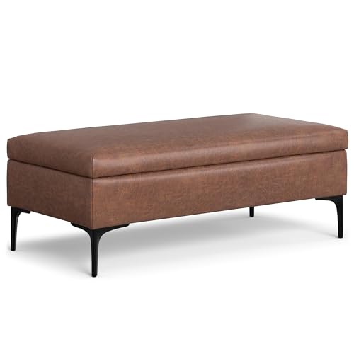 SIMPLIHOME Rebecca 48 inch Wide Mid Century Modern Rectangle Large Coffee Table Storage Ottoman with Lift up Lid in Distressed Saddle Brown Faux Leather for The Living Room, Entryway and Family Room