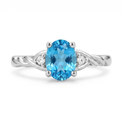 Image of Rylos Sterling Silver Classic Birthstone Ring - 7X5MM Oval Gemstone & Diamonds - Women's Jewelry, Sizes 5-10