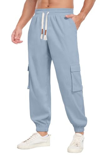 Askdeer Mens Corduroy Joggers Pants Casual Cargo Pants Drawstring Elastic Waist Baggy Tapered Sweatpants with 5 Pockets Light Blue3