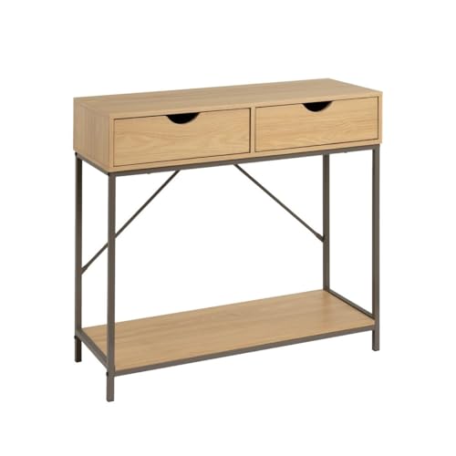 LOLAhome   Consola para Recibididor Color Moka y Natural con 2 Cajones, Mueble Decorativo para Entrada, Salón o Cocina de Madera y Metal de 75x80x30 cm