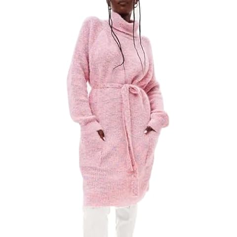 HIUPEB Women's Wool Turtle Neck Long Sleeve Belted Knit Midi Sweater Dress with Pockets Light Pink L Cover