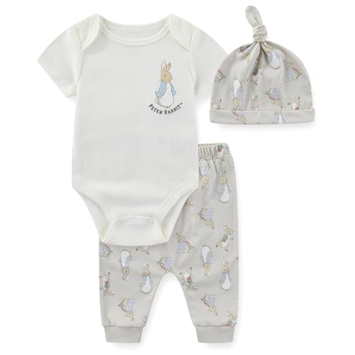 Peter Rabbit Baby Boys Bodysuit with Hat and Pants 3 Piece Set for Newborn Infants