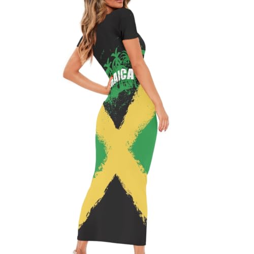Image of Womens Short Sleeve Jamaican Flag Midi Bodycon Dress