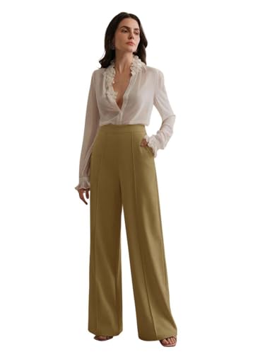 Image of KOTTY Women's High Waist Flared Wide Leg Trousers - Stylish Cotton Linen Palazzo Pants for Office Wear, Casual, and Straight fit