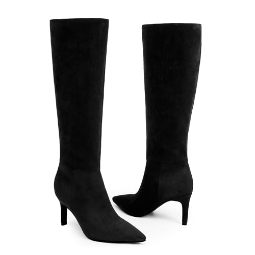 Image of Easyfox Knee High Boots Women Pointed Toe Stiletto Heel Tall Boots | Side Zipper,3 In Stiletto Heel,Fall Spring Winter Fashion Dress Tall Boots,Evening Bridal office Long Boots