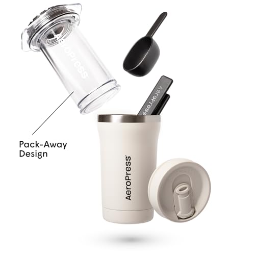 Image of AeroPress Go Plus, Small Portable Coffee Maker Kit, Travel, Camping & Office, All-in-One French Press, Pour-Over & Espresso Style Manual Brewer, 2 Min Brew for Less Bitterness, More Flavor, Cream