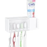 Linkidea Support Mural pour Brosse à Dents 5 emplacements, Plastique, Organiseur adhésif Multifonction pour Dentifrice, Compatible avec Oral-B CrossAction, Colgate Renewal (Blanc)