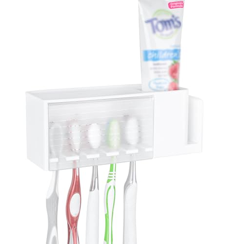 Linkidea - Porte-brosses à Dents Mural à 5 emplacements avec Couvercle, Organisateur de Dentifrice Multifonctionnel en Plastique, Compatible avec Oral-B...