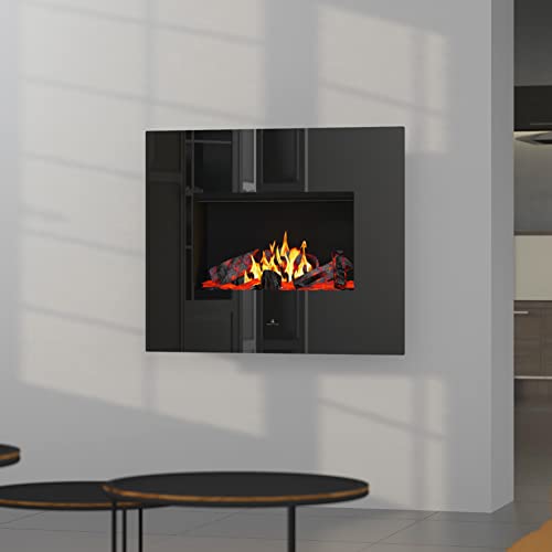 Noble Flame Apollo Opti-Myst Chimenea eléctrica de pared - Negro brillante - Calefacción mando a distancia madera decorativa - Panel trasero negro espejo Cover