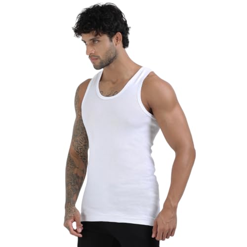Image of Crystal Men's Super Combed Rib Cotton Round Neck Sleeveless Vest | Long Enough to Tuck in | Pack of 4