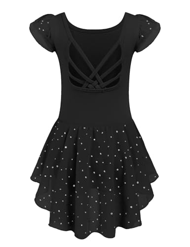 Image of Arshiner Girls Shiny Ruffle Sleeve Ballet Leotard with Skirt Criss-Cross Back Dance Dresses