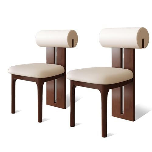 ミッドセンチュリーモダン布張りダイニングチェア PUレザー 無垢材脚 レストラン向け(Walnut Color+Brown,2pcs)
