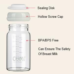 Condition photo showing New/Like New for comi wide neck glass breastmilk collection n storage bottle, 6oz with screw ring sealing disk; re-markable sealing disc. bpa free, fits breast pumps & nipples (gray lids) 180ml 6gray