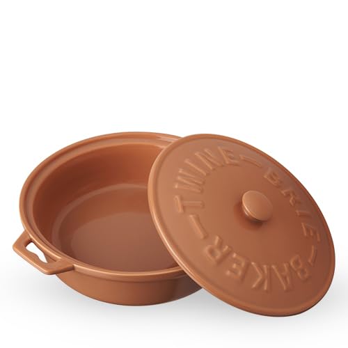 Twine Ceramic Brie Baker with Wood Spreader, Brie Baking Tools with Lid Bakeware Sets, Terra Cotta Ceramic, Kitchen Set of 1