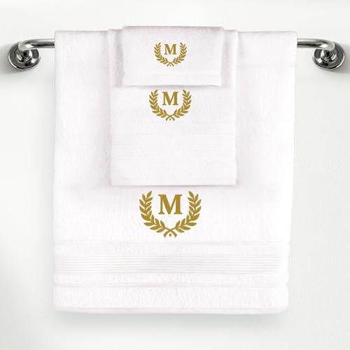 Ephesos Personalized Custom Monogrammed White Towel Set - 3 Piece Soft & Absorbent 100% Cotton - Perfect for Gifts Home Bathroom Spa or Kitchen - Wheat Design with Letter M in Gold Thread