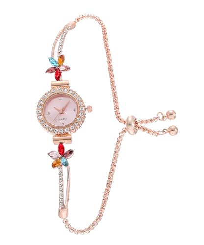 ADSBIAOYE Women's Fashion Simple Floral Bracelet Watch Diamond Quartz Light Luxury Watch (Pink)