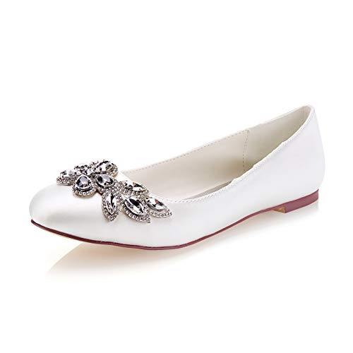 Emily Bridal Zapatos de Boda Peep Marfil Bombas Planas Pearl Rhinestone Slip-on Zapatos de Novia (EU40, Blanco)
