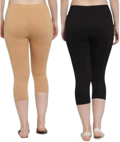 Image of Women's 3 /4 Calf-Length Leggings - Stretchable Cotton Blend, Comfortable Everyday Wear Pack of 2