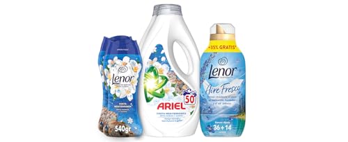 Pack Ariel & Lenor Brisa Marina y Frescor Alpino – Detergente Líquido (25 Lavados), Perlas de Perfume (22 Lavados) y Suavizante (50 Lavados), Edición Limitada Costa Mediterránea