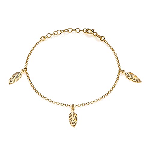 Aka Gioielli® - Bracelet Plumes en Argent 925 Plaqué Or avec 3 pendentifs en Forme de Plume pour Femme, Raffiné et Délicat