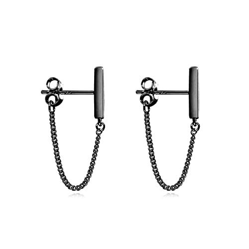 Reffeer 925 Sterling Silver Bar Chain Dangle Earrings Drops For Women Girls Gold Bar Drop Earrings Chain Studs (C-Black Gold) #TOP18