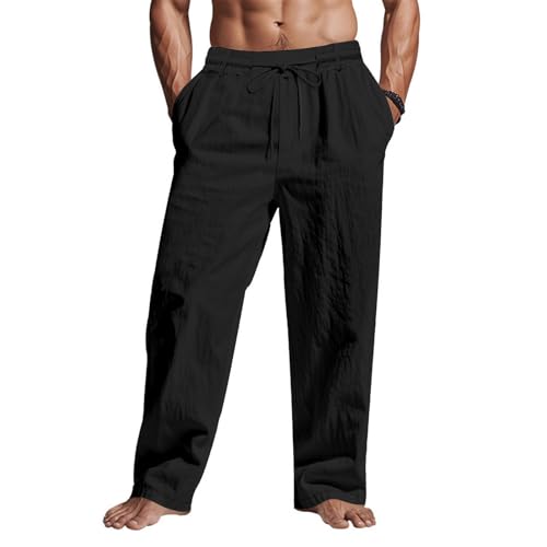 Puimentiua Men Casual Cotton Linen Pants Elastic Drawstring Waist Summer Trousers Loose Fit Lightweight Beach Lounge Pants (L Black)