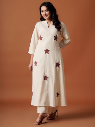 Image of INDO ERA Women Off White Pure Cotton Co-Ord Set | Kurta Pant Set for Casual Wear,IEOUT12478M | Cord Set For Women Cotton |