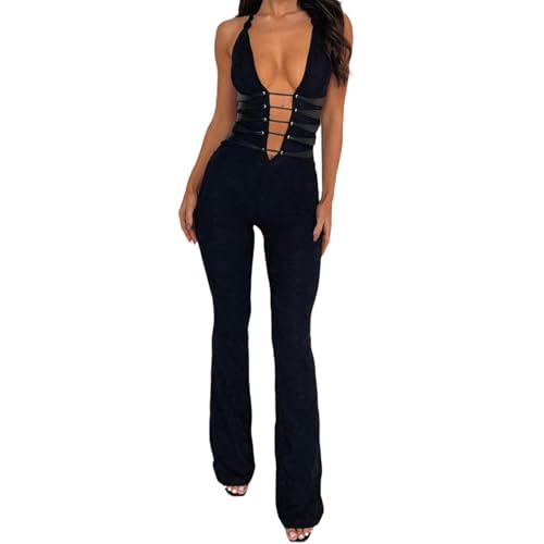 JCMoniDun Mono de encaje sexy para mujer, cuello en V profundo, sin mangas, espalda descubierta, largo, ajustado, para club, Negro, S