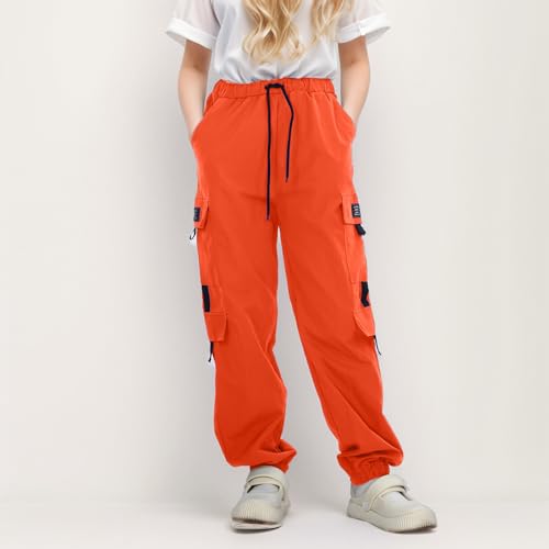 Boys Sweatpants 5t Casual High Waisted Drawstring Loose Fit Pockets Kids Cargo Sweatpants Girls (Orange, 13-14 Years)3