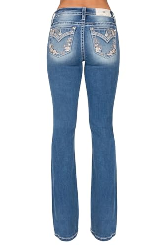 Miss Me Women's Mid Rise Bootcut Jeans, Faux Flap Pockets with Floral Embroidery, Boot Cut Stretch Denim Pants, Slim Fit