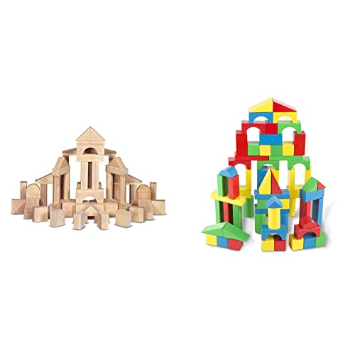Melissa & Doug Standard Unit Solid-Wood Building Blocks with Wooden Storage Tray (60 pcs) - Classic Blocks for Toddlers Ages 3+ and Wooden Building Set - 100 Blocks in 4 Colors and 9 Shapes