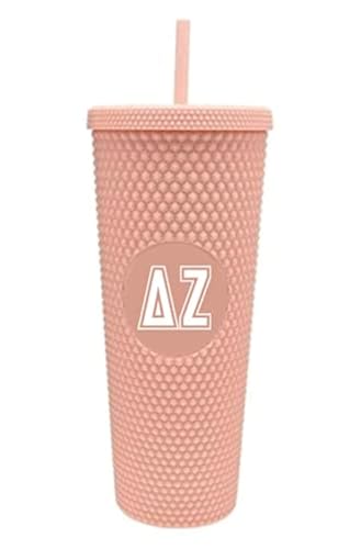 Sorority Shop Delta Zeta Studded Tumbler with Straw - 24 Oz Tumbler with Lid and Straw, Matte Coral, Reusable Plastic Cup with Screen Printed Greek Letters for Water, Ice Coffee or Any Drink