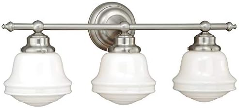 VAXCEL Huntley 3-Light 24 inch Wide Satin Nickel Farmhouse Bathroom Vanity Lighting Fixture, White Schoolhouse Milk Glass Globe Shade, Dimmable, LED Compatible, Over The Mirror Mounted Wall Sconce