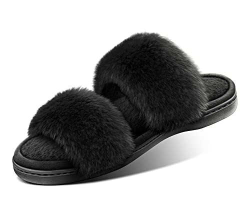 Chaussons Femme,BULLIANT Pantoufles Bout Ouvert Sandales en Fausse Fourrure Antidérapant(Noir-39-40) Cover