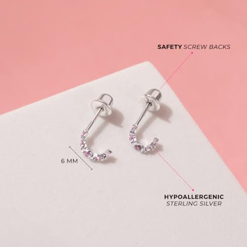 925 Sterling Silver Pink Cubic Zirconia Half Hoop Screw Back Earrings For Young Girls and Pre-Teens- Glittering & Fashionable Hoop Earrings For Daily Use- Exquisite Design4