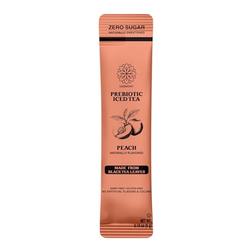 Image of Harmony Peach Prebiotic Black Iced Tea, 10 Sticks | Real black tea, Ripe peach flavor, 3g prebiotic fiber per stick, 25 calories, Zero sugar, Gluten free, Dairy free