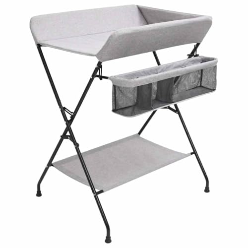 Teenpull Cambiador plegable de hierro gris claro con cambiador acolchado, con compartimentos de almacenamiento y estante inferior para bebé y niño pequeño, ideal para baño, habitación infantil y de