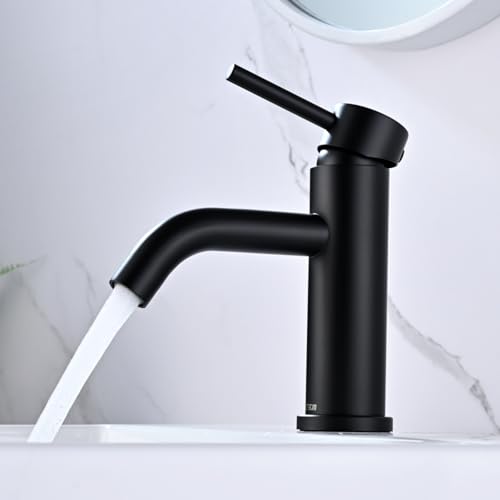 DETBOM Grifo Lavabo Negro, Grifo Monomando Lavabo Agua Fría y Caliente, Grifos para Lavabo de Encimera, Grifos Mezclador de Baño de Acero Inoxidable 304, Aireador Extraíble, Sin Plomo