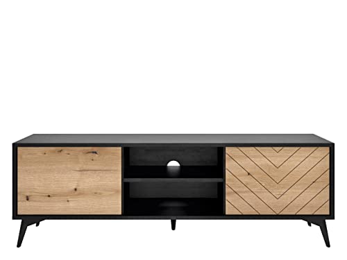 Dailan RTV154 - Mueble bajo para televisor (fresado frontal, 2 puertas y compartimentos, mueble para televisión, aparador, armario para televisión, color negro y roble Evoke)