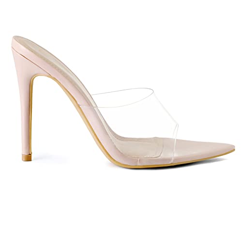 Mysoft Women's Pointed Toe Clear Stilettos Transparent Strap Slip On High Heeled Mules #TOP1