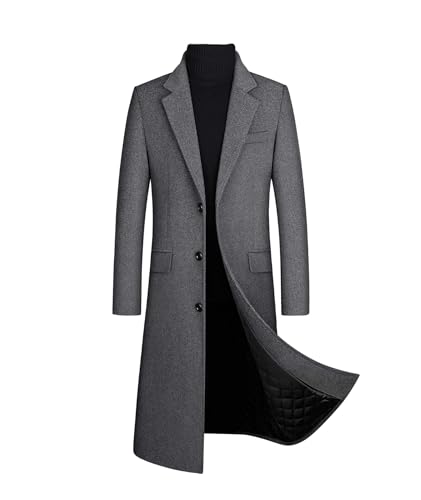 Sexyshine Men's Winter Fall Wool Blend Trench Coat Pea Coat Lapel Collar Single Breasted Lined Warm Jacket Long Overcoat