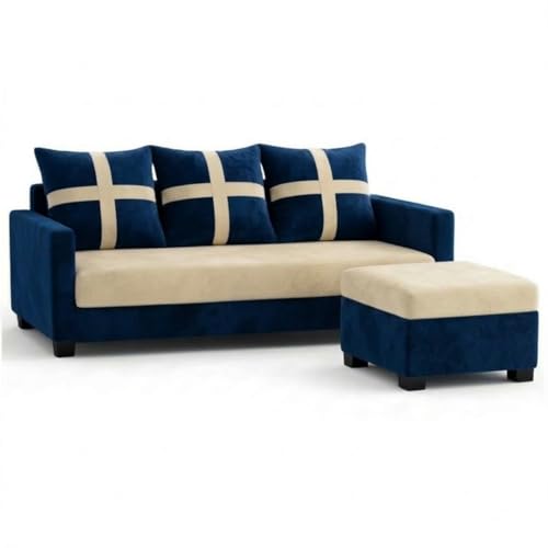 Image of Caviriq 4 Seater L Shape Sofa Set with Movable Ottoman | Flexible Left or Right Layout | Luxury Velvet Suede Fabric | Modern Living Room Sofa | Dark Blue-Cream