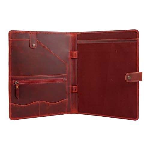 Image of KomalC Leather Portfolio Folder with Button Closure | Business Padfolio for Professionals | Vintage Organizer with Legal Pad Holder, Card Slots & Document Pockets (Red)