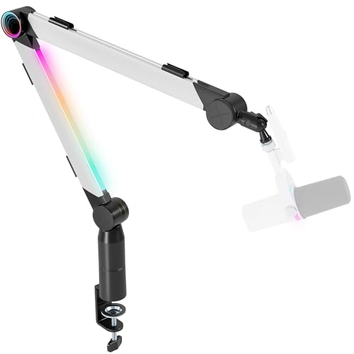 ARES WING Aluminum Microphone Boom Arm with RGB Light and Volume Control, Adjustable Mic Arm Desk Mount with 3/8” to 5/8” Screw Adapter, Suspension Scissor Mic Stand for Gaming Streaming Podcasting