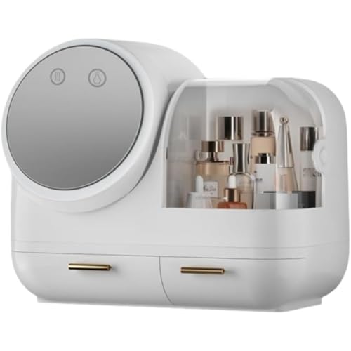 AOCIR LEDライト付き 化粧品収納ボックス 回転ミラー付き 3色調光風付き メイクボックス 大容量 高さ対応 透明カバー付き コンパクト収納 (A(LED化粧鏡+ファン)) (A(LED化粧鏡+ファン),標準)