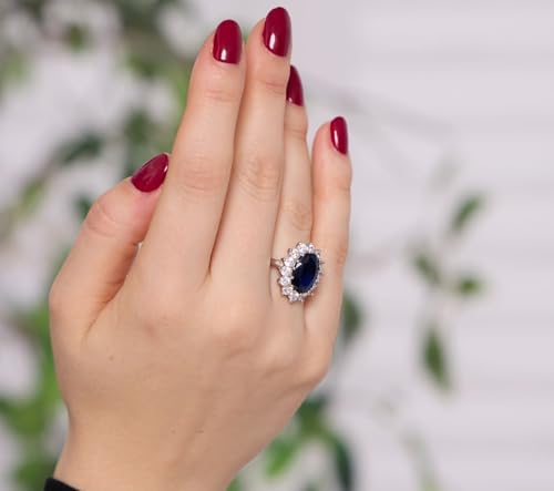 Beaux Bijoux Sterling Silver Large Oval Created Blue Sapphire and Clear Cubic Zirconia Statement Bridal Engagement Princess Diana/Kate Middleton Royal Ring4