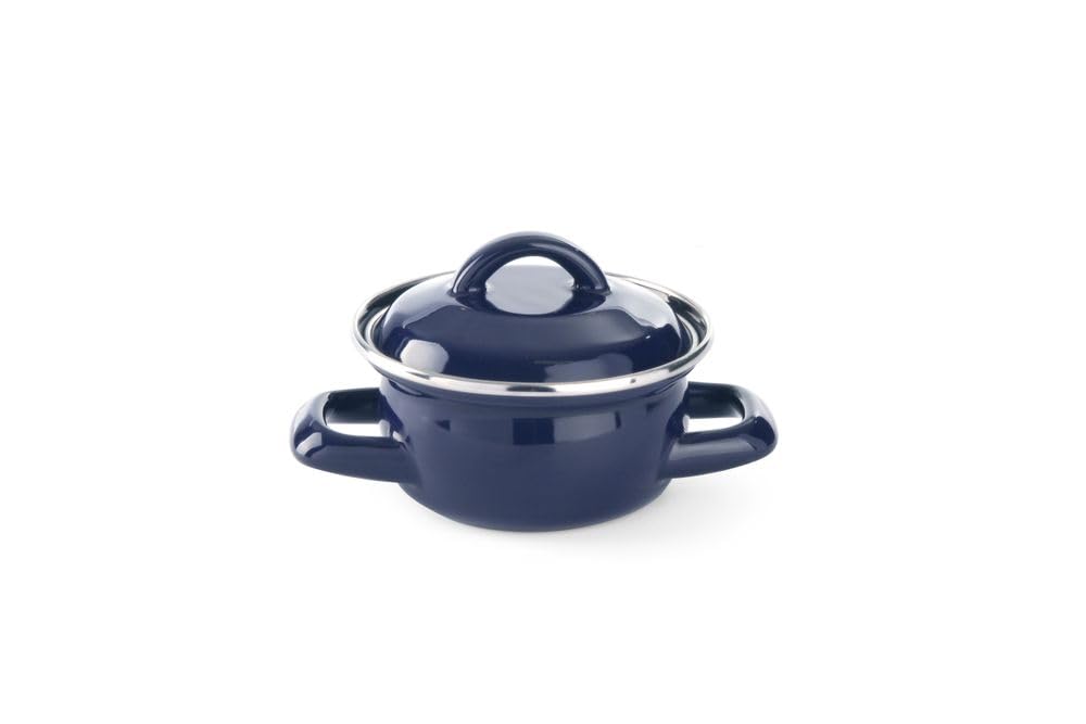 HENDI Pentola con coperchio, tegame per minestra sugo, casseruola per preparare porzioni singole e servire salse, adatta solo per cucine a gas, 0,​3L, ø115x(H)​90mm, smaltato blu con bordo in inox