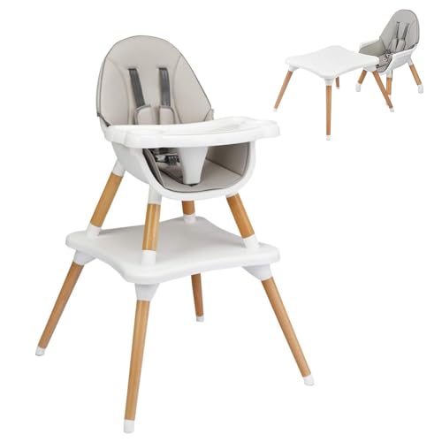 GYMAX Wooden Baby Highchair, Infant Feeding Seat with 4 Position Adjustable Tray, 5 Point Safety Harness and PU Cushion, 4 in 1 Convertible Baby Chair for 6 Months to 3 Years (Gray)