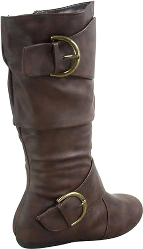 Image of Forever Link Women's Klein-70 Closed Round Toe Buckle Slouch Flat Heel Mid-Calf Boot