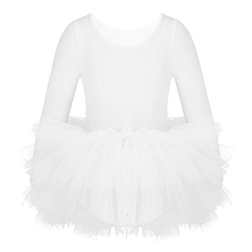 TiaoBug Vestido Ballet Niña Manga Larga Tutú Falda de 4 Capas Maillots de Danza Gimnasia Ritmica Leotardo Elástico Ballet Vestido Princesa Bailarinas Fiesta Blanco 5-6 Años